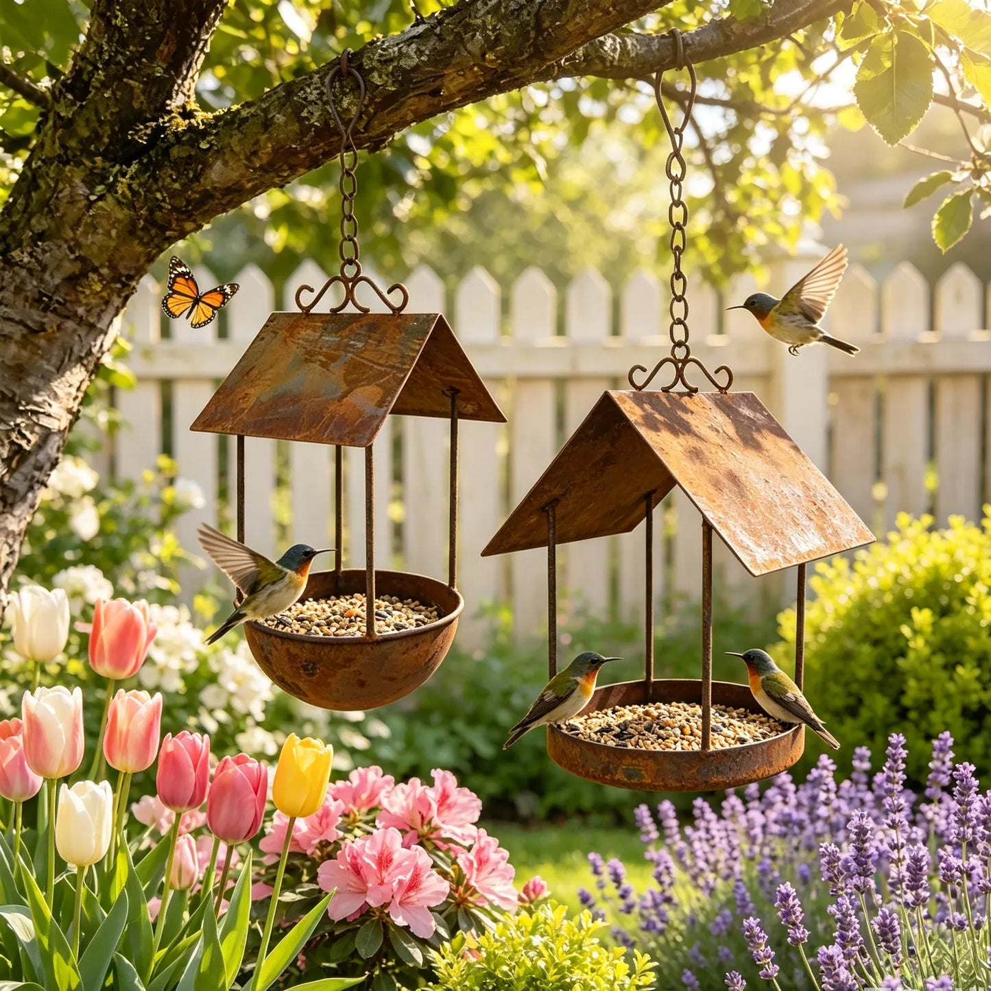 Pack Mangeoire + Abreuvoir Oiseaux Fer Rouillé – Duo Décoratif Jardin Extérieur