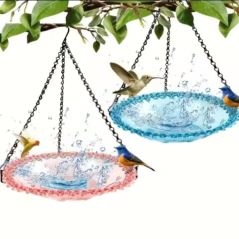 Mangeoire et Bain d'Oiseaux Suspendu avec Chaîne - Décor Floral pour Jardin & Patio