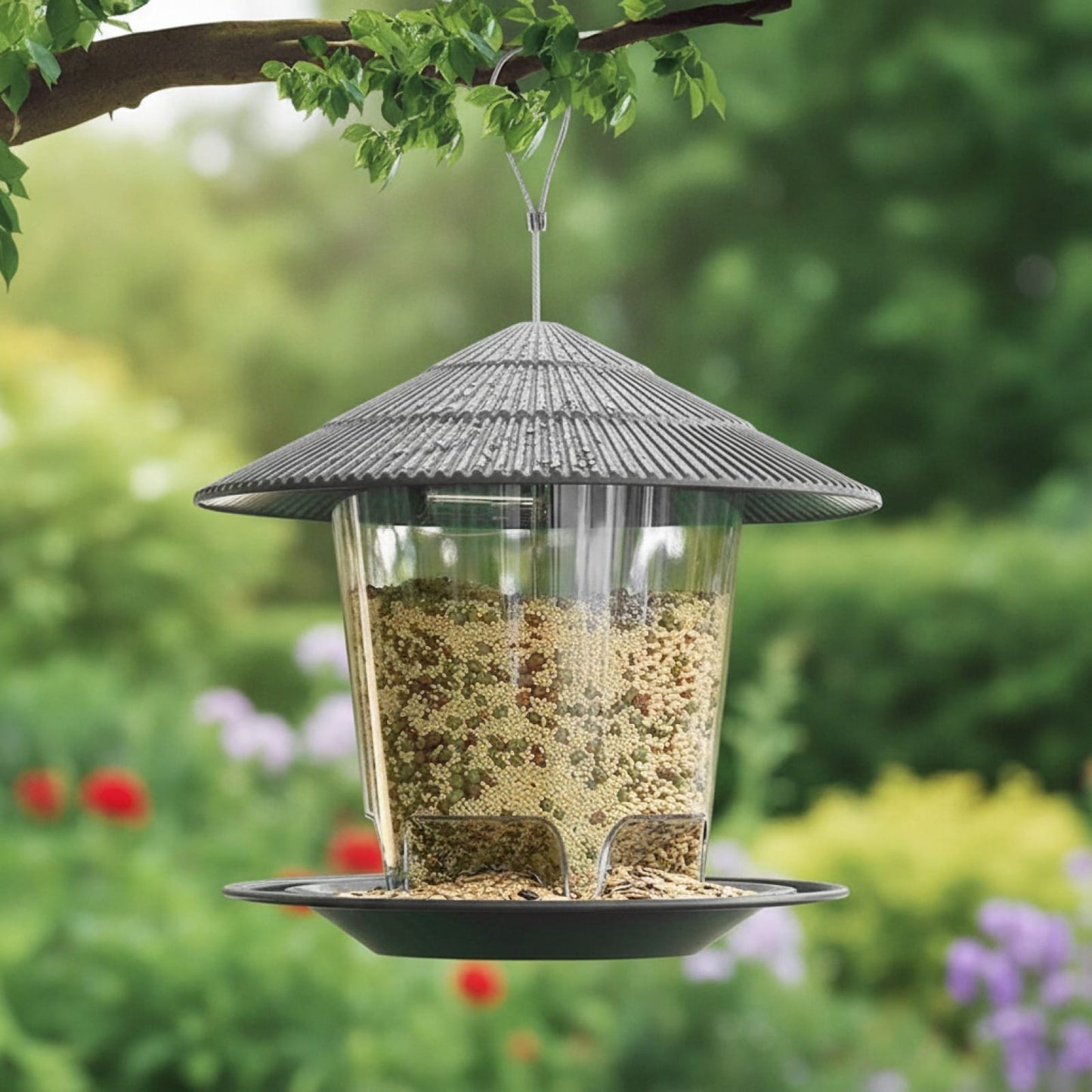 Mangeoire à oiseaux design gazebo suspendue à une branche dans un jardin verdoyant