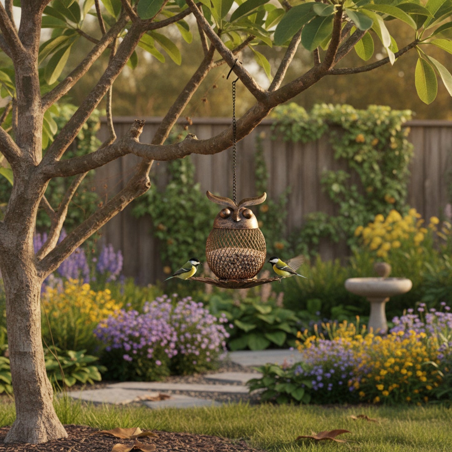 Mangeoire Hibou Suspendue en Maille Métallique pour Oiseaux - Décoration de Jardin Extérieur