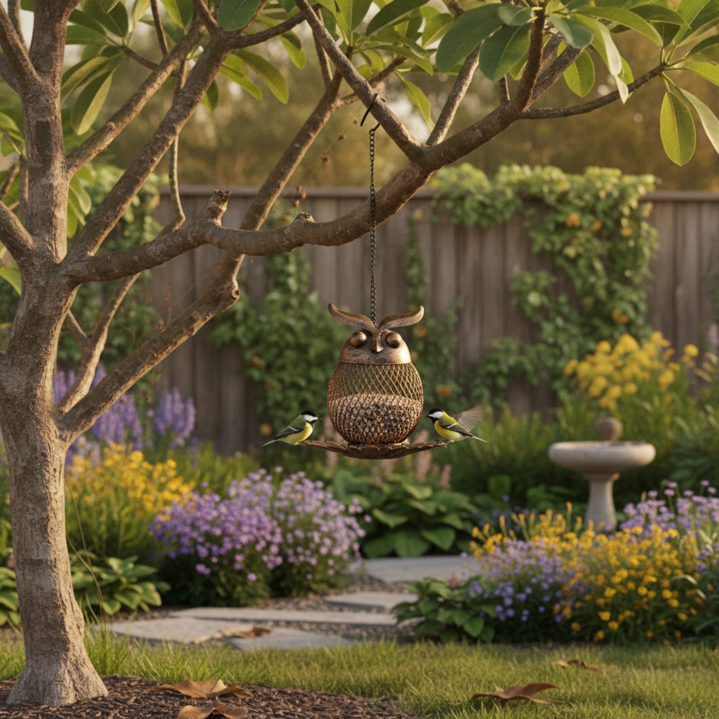 Mangeoire Hibou Suspendue en Maille Métallique pour Oiseaux - Décoration de Jardin Extérieur