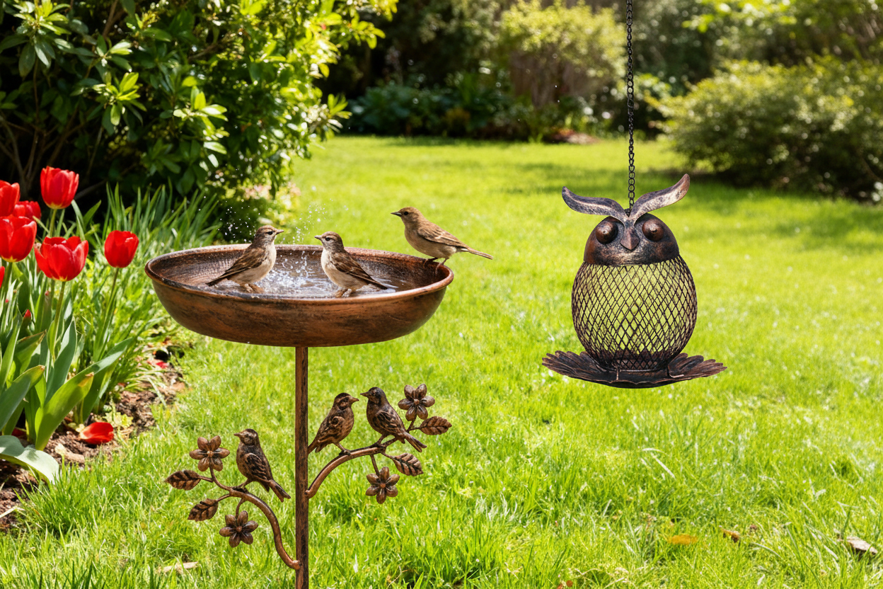 Pack Jardin Nature – Bain d'Oiseaux Vintage + Mangeoire Hibou