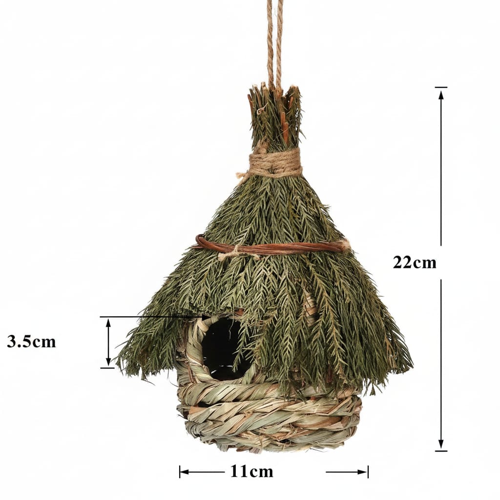 Schéma coté d'un nichoir suspendu en herbe naturelle toit de chaume vert : hauteur 22 cm, largeur 11 cm, ouverture 3,5 cm, sur fond blanc