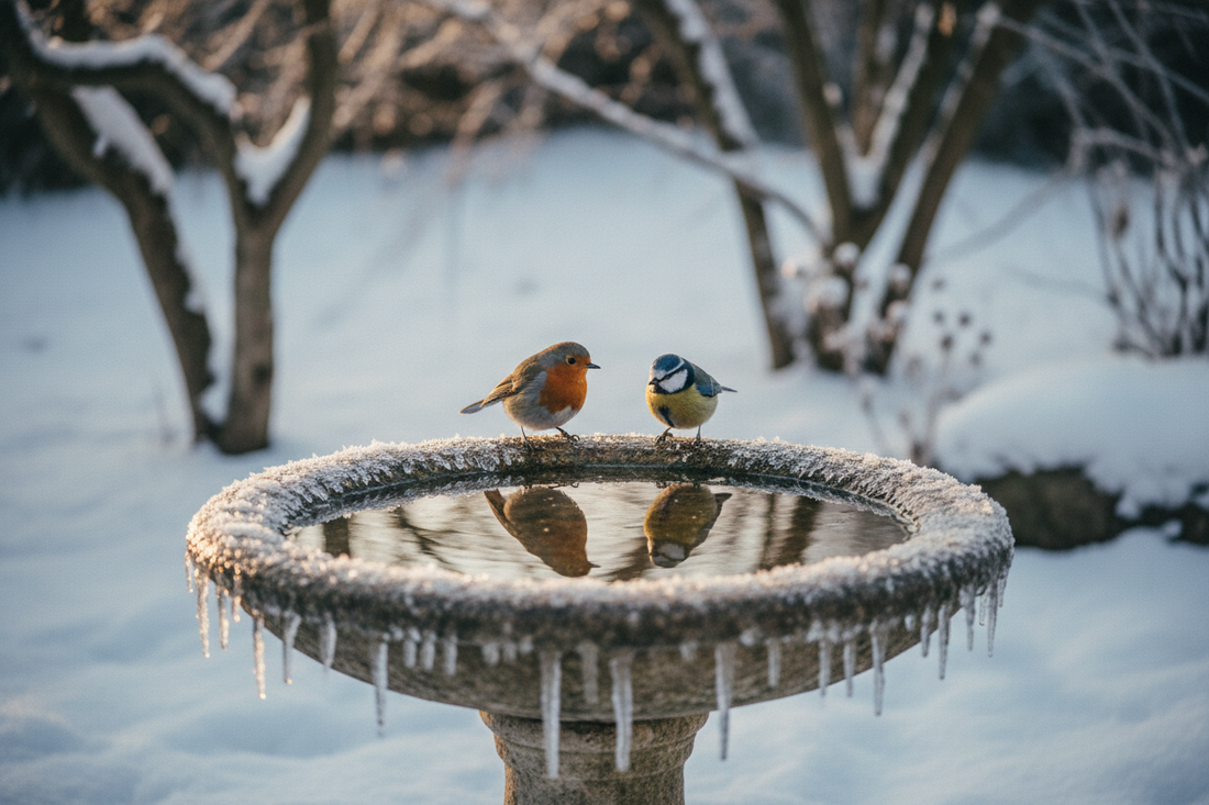 Abreuvoir en pierre pour oiseaux dans un jardin enneigé en hiver, avec un rouge-gorge et une mésange qui s'abreuvent