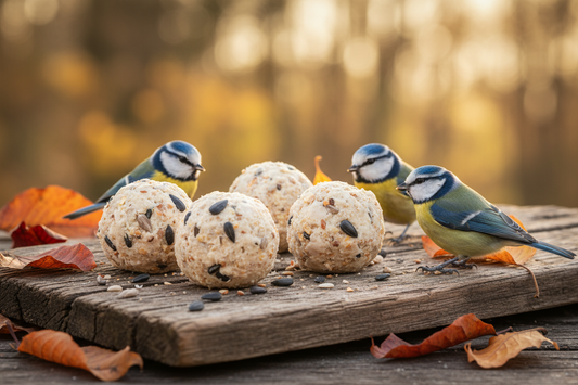 Boules de graisse maison pour oiseaux à base de saindoux et graines de tournesol, avec des mésanges bleues qui les picorent en automne