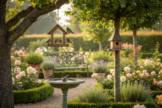 Jardin avec mangeoire suspendue, abreuvoir vintage et nichoir en bois pour attirer les oiseaux