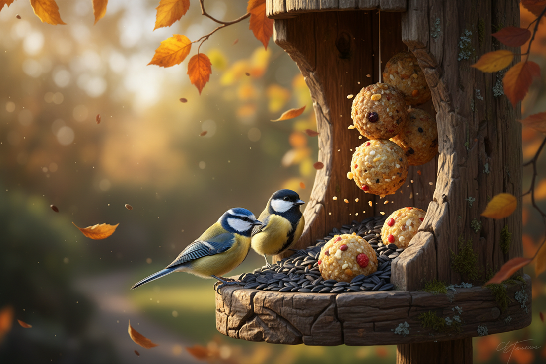Mésange bleue et mésange charbonnière sur une mangeoire en bois garnie de graines de tournesol et boules de graisse en automne