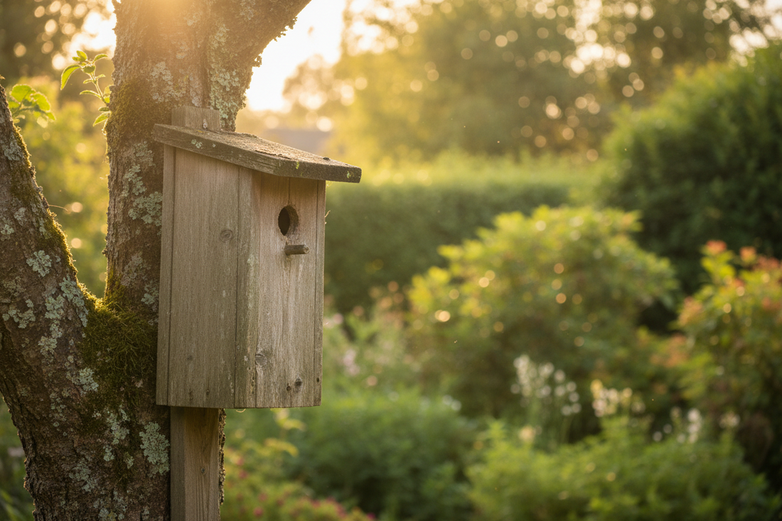 Nichoir en bois naturel installé sur un arbre dans un jardin, orienté sud-est pour accueillir les oiseaux