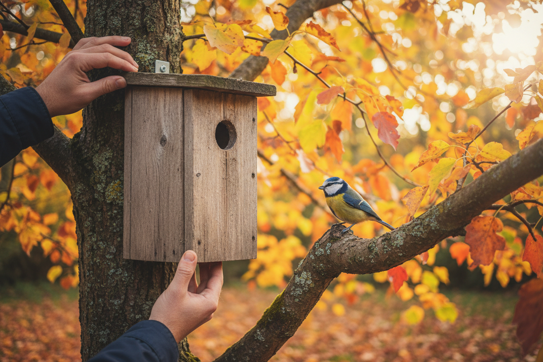 Nichoir en bois installé sur un tronc d'arbre en automne avec des feuilles dorées, une mésange bleue perchée à proximité qui l'inspecte
