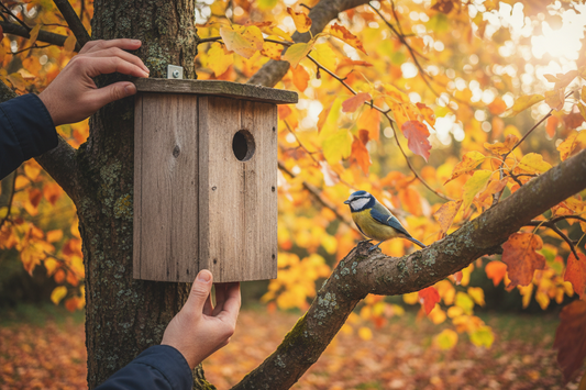 Nichoir en bois installé sur un tronc d'arbre en automne avec des feuilles dorées, une mésange bleue perchée à proximité qui l'inspecte