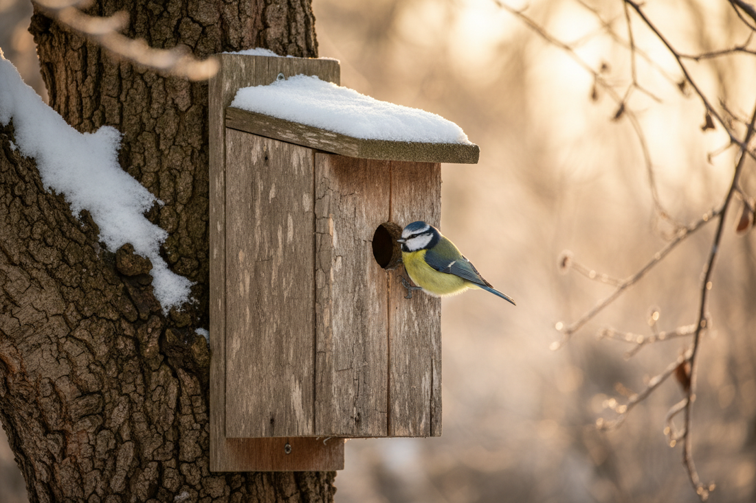 Nichoir en bois installé sur un arbre en hiver avec de la neige, une mésange bleue perchée à l'entrée