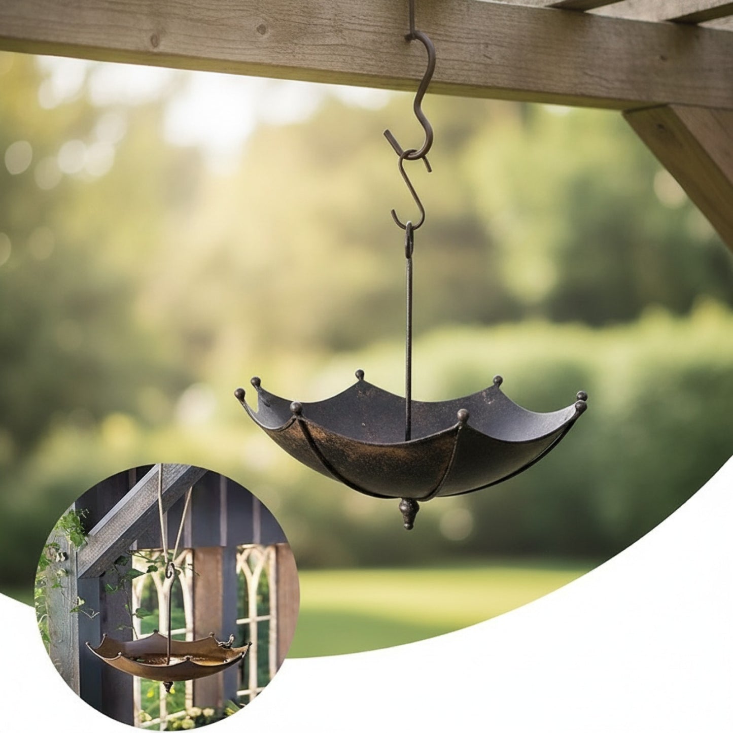Mangeoire et Abreuvoir Suspendus en Fer pour Oiseaux - Design Parapluie - Noir