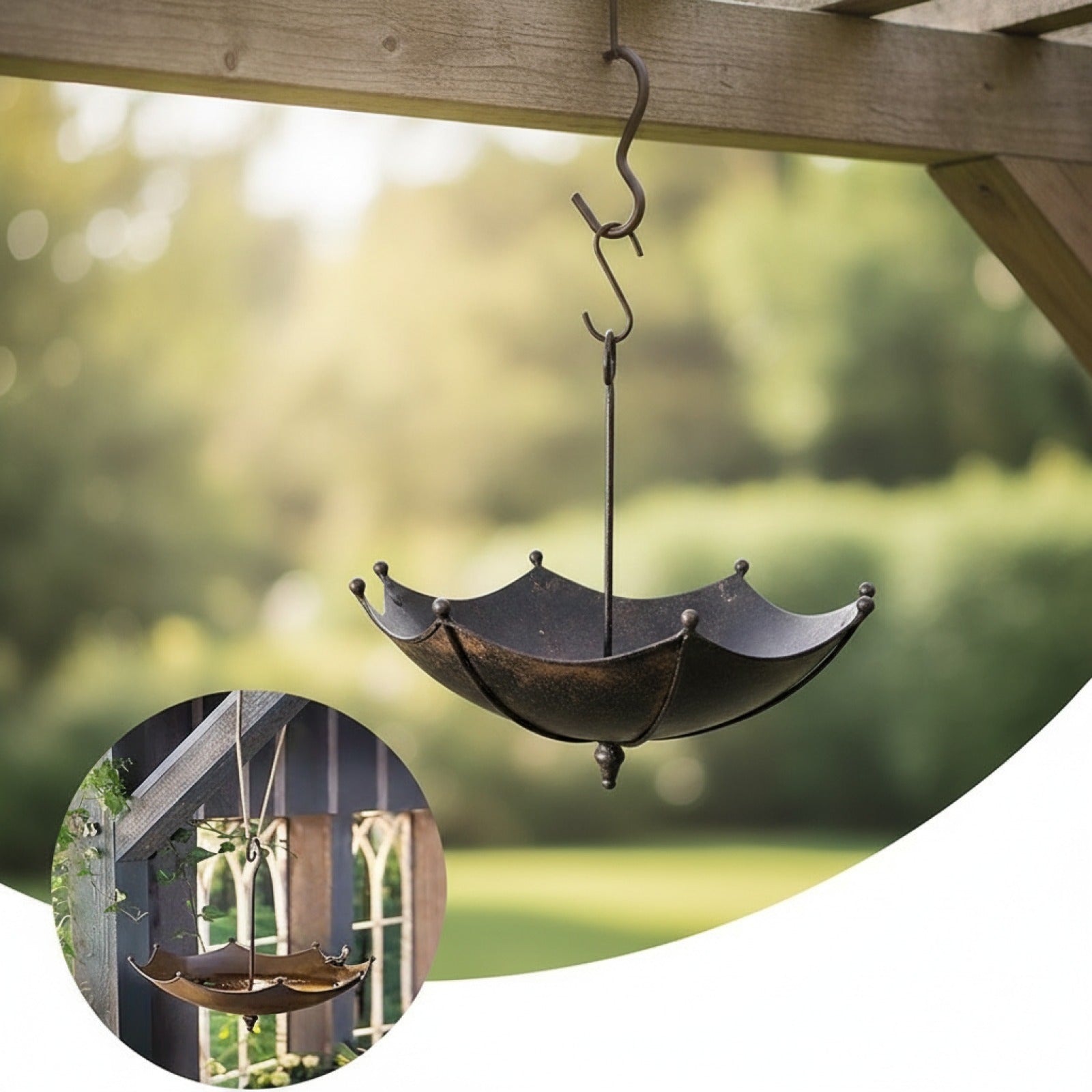 Mangeoire et Abreuvoir Suspendus en Fer pour Oiseaux - Design Parapluie - Noir