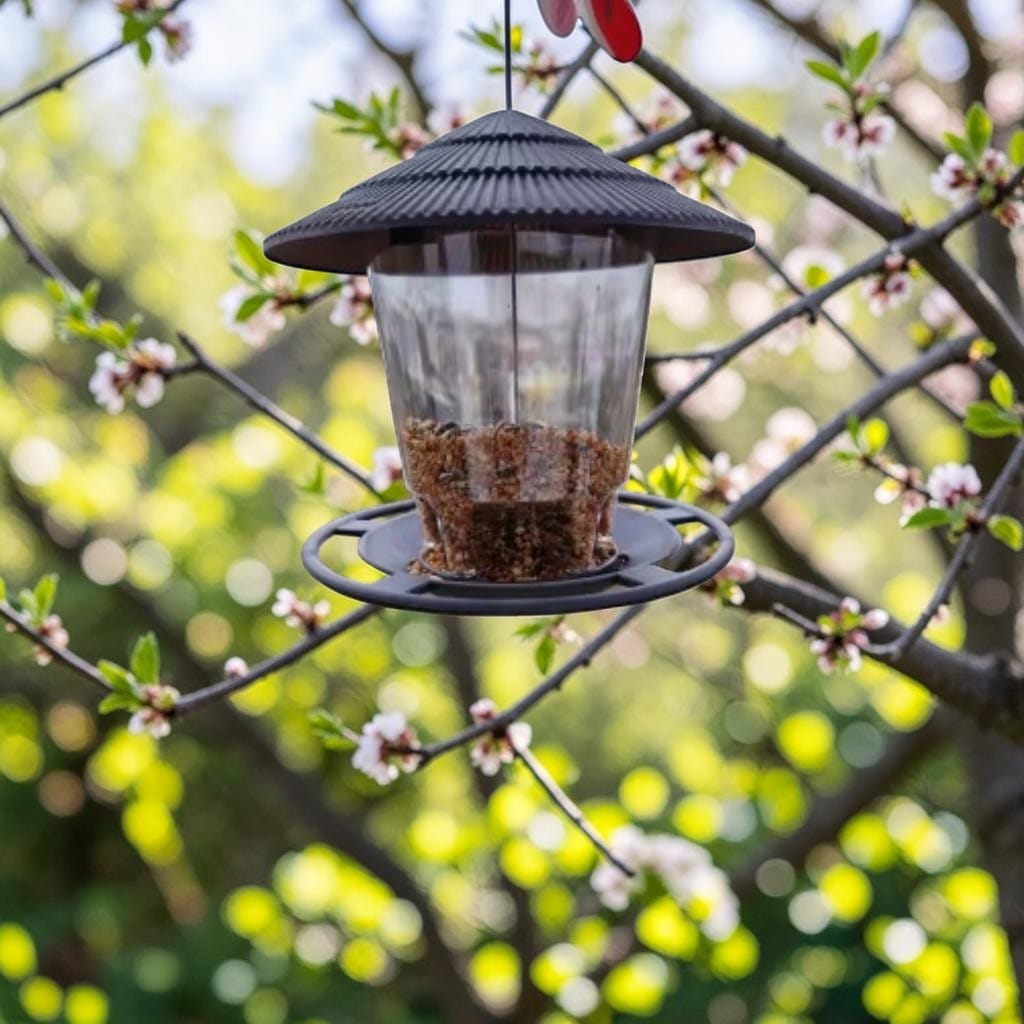 Mangeoire à oiseaux suspendue design gazebo à toit noir remplie de graines, accrochée à un cerisier en fleurs au printemps