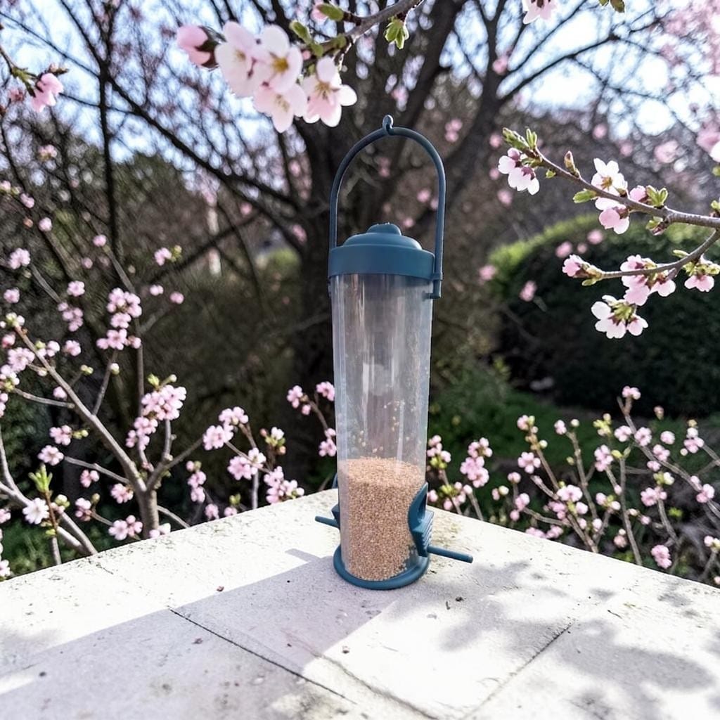 Mangeoire à oiseaux tubulaire grise remplie de graines posée sur une table en pierre, devant un cerisier en fleurs roses au printemps