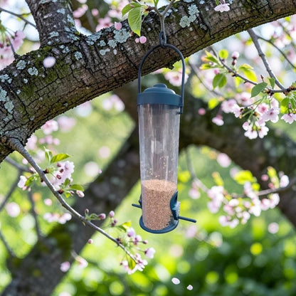 Mangeoire à oiseaux tubulaire grise remplie de graines suspendue à une branche de cerisier en fleurs, dans un jardin ensoleillé