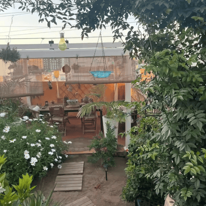 Abreuvoir à oiseaux suspendu en verre turquoise accroché sous une pergola, dans un jardin sur terrasse verdoyant et fleuri au crépuscule