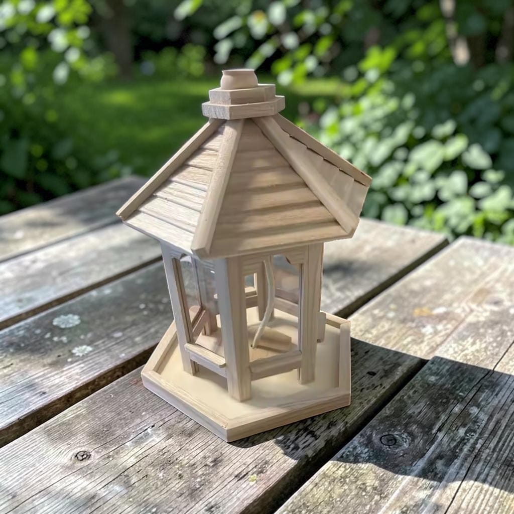 Mangeoire à oiseaux en bois clair style gazebo hexagonal posée sur une table en bois dans un jardin ensoleillé et verdoyant