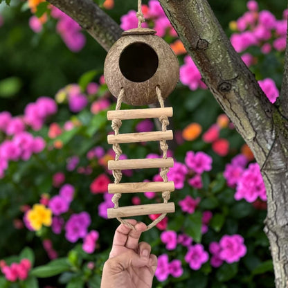 Nichoir en noix de coco avec échelle en bois suspendu à un arbre, tenu par une main, devant un massif de fleurs roses et violettes