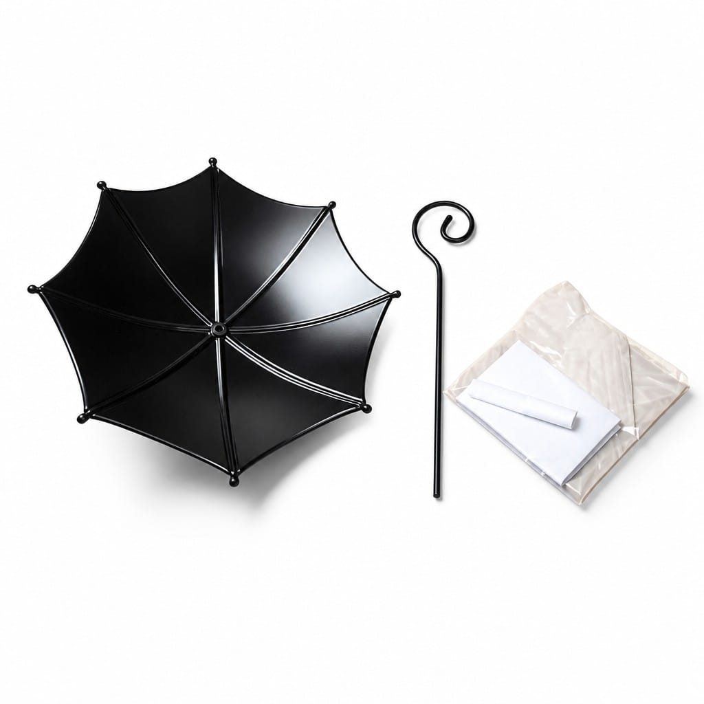Mangeoire parapluie noire pour oiseaux démontée avec sa tige-crochet et son sachet de visserie, posée sur une table en bois