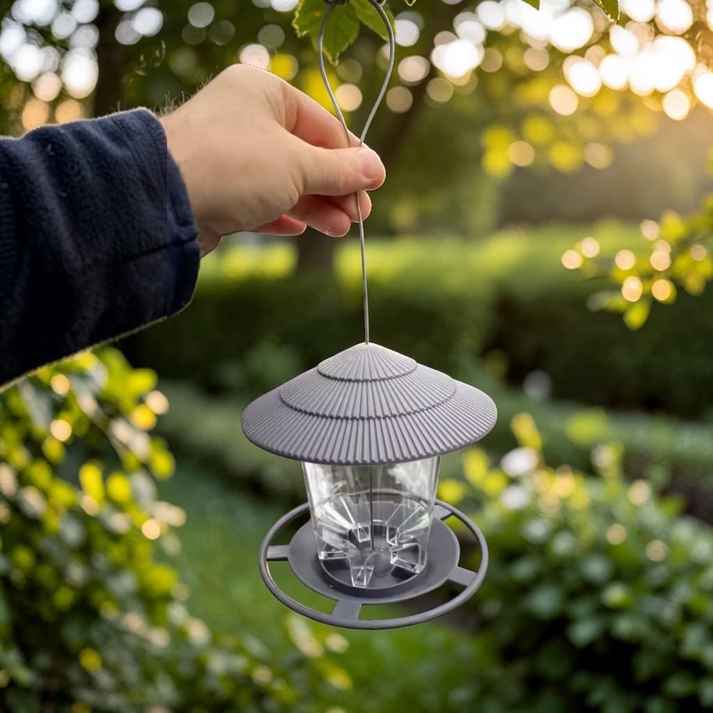 Main tenant une mangeoire à oiseaux suspendue design gazebo à toit gris dans un jardin verdoyant au coucher du soleil