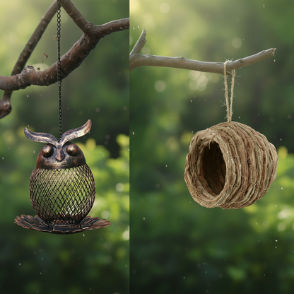 Pack Jardin Vivant – Mangeoire Hibou + Maison en Paille