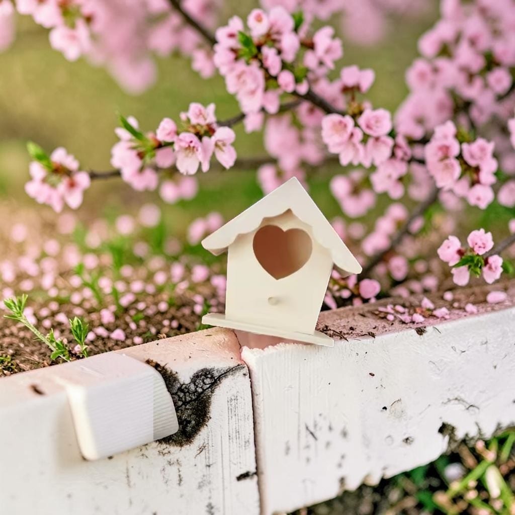 Mini nichoir en bois clair à ouverture en cœur posé sur une clôture blanche devant un cerisier en fleurs roses au printemps