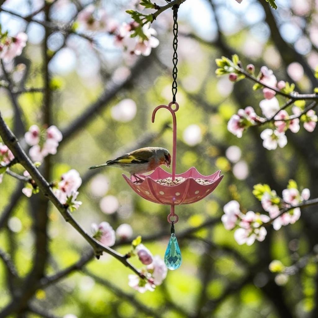Abreuvoir parapluie rose pour oiseaux suspendu à un cerisier en fleurs, avec un chardonneret venu boire au printemps