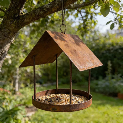 Mangeoire à Oiseaux Suspendue en Fer Rouillé – Imperméable, Déco Jardin