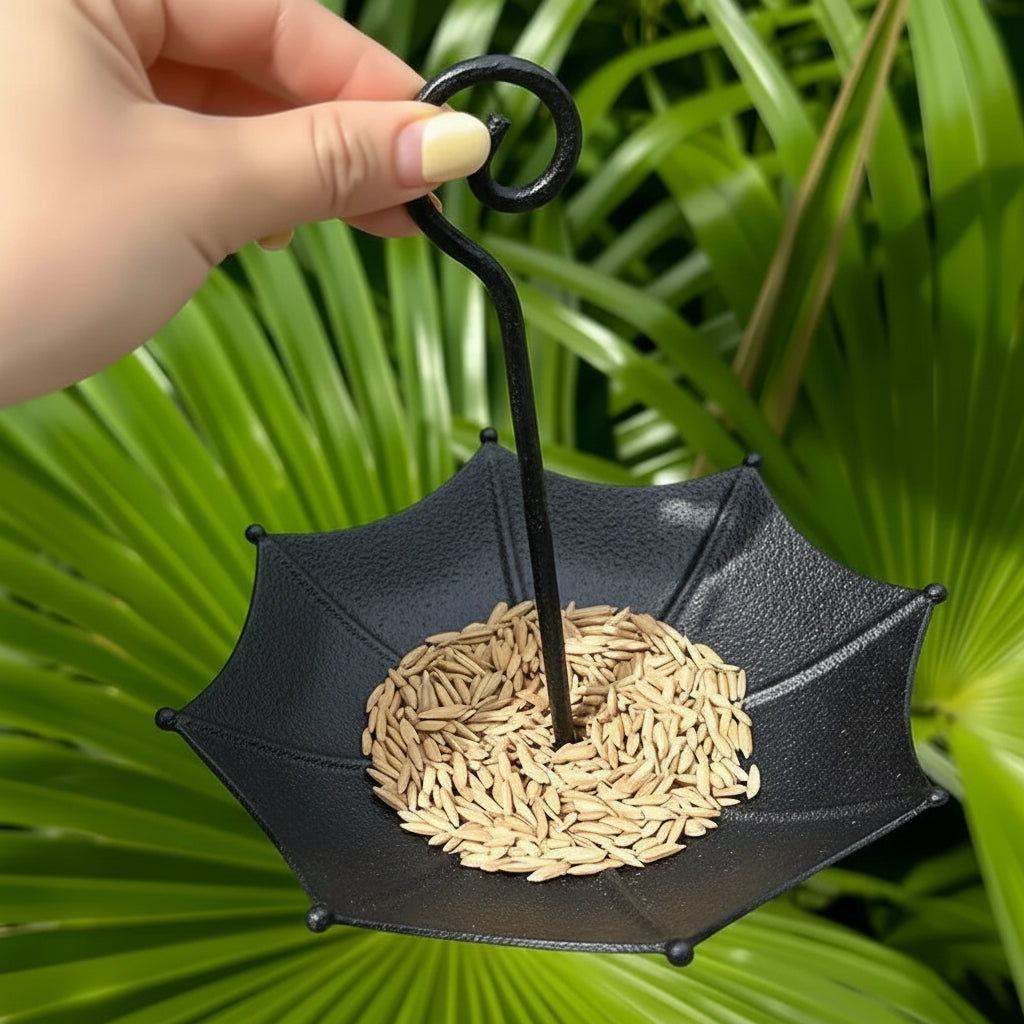Mangeoire et Abreuvoir Suspendus en Fer pour Oiseaux - Design Parapluie - Noir