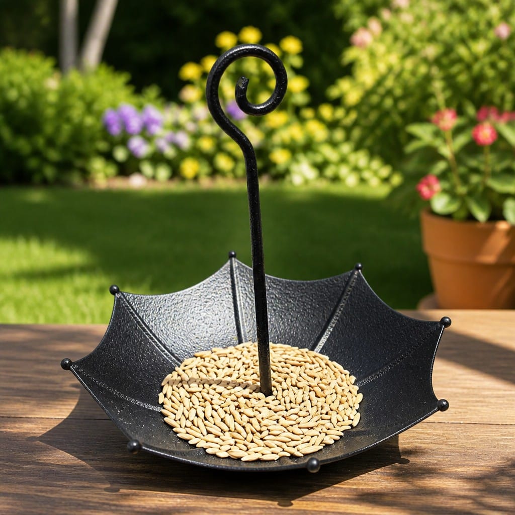 Mangeoire et Abreuvoir Suspendus en Fer pour Oiseaux - Design Parapluie - Noir