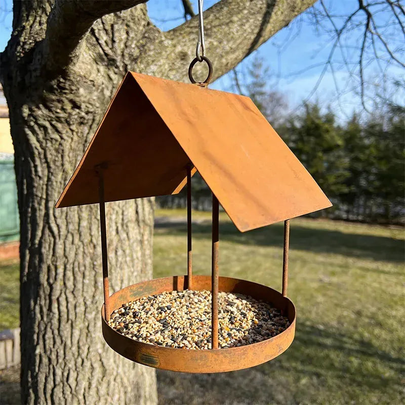 Mangeoire à Oiseaux Suspendue en Fer Rouillé – Imperméable, Déco Jardin