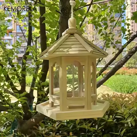 Mangeoire Oiseaux en Bois KEMORELA - Maison Suspendue Décorative pour Extérieur