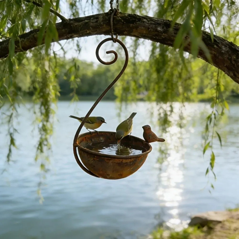 Abreuvoir Mangeoire à Oiseaux Suspendu en Fer Rouillé – Résistant à la Pluie
