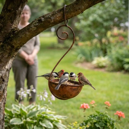 Abreuvoir Mangeoire à Oiseaux Suspendu en Fer Rouillé – Résistant à la Pluie