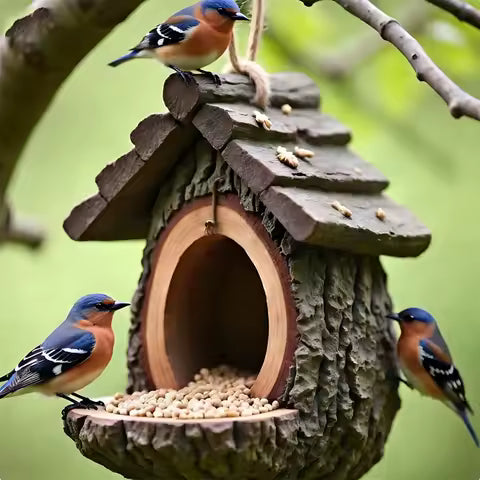 Mangeoire à Oiseaux Design Souche d'Arbre - Décoration de Jardin Artisanale en Résine