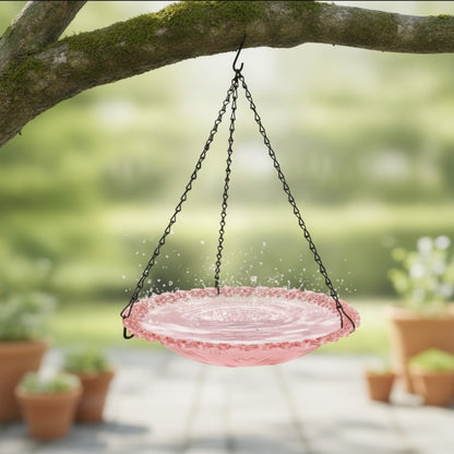 Mangeoire et Bain d'Oiseaux Suspendu avec Chaîne - Décor Floral pour Jardin & Patio