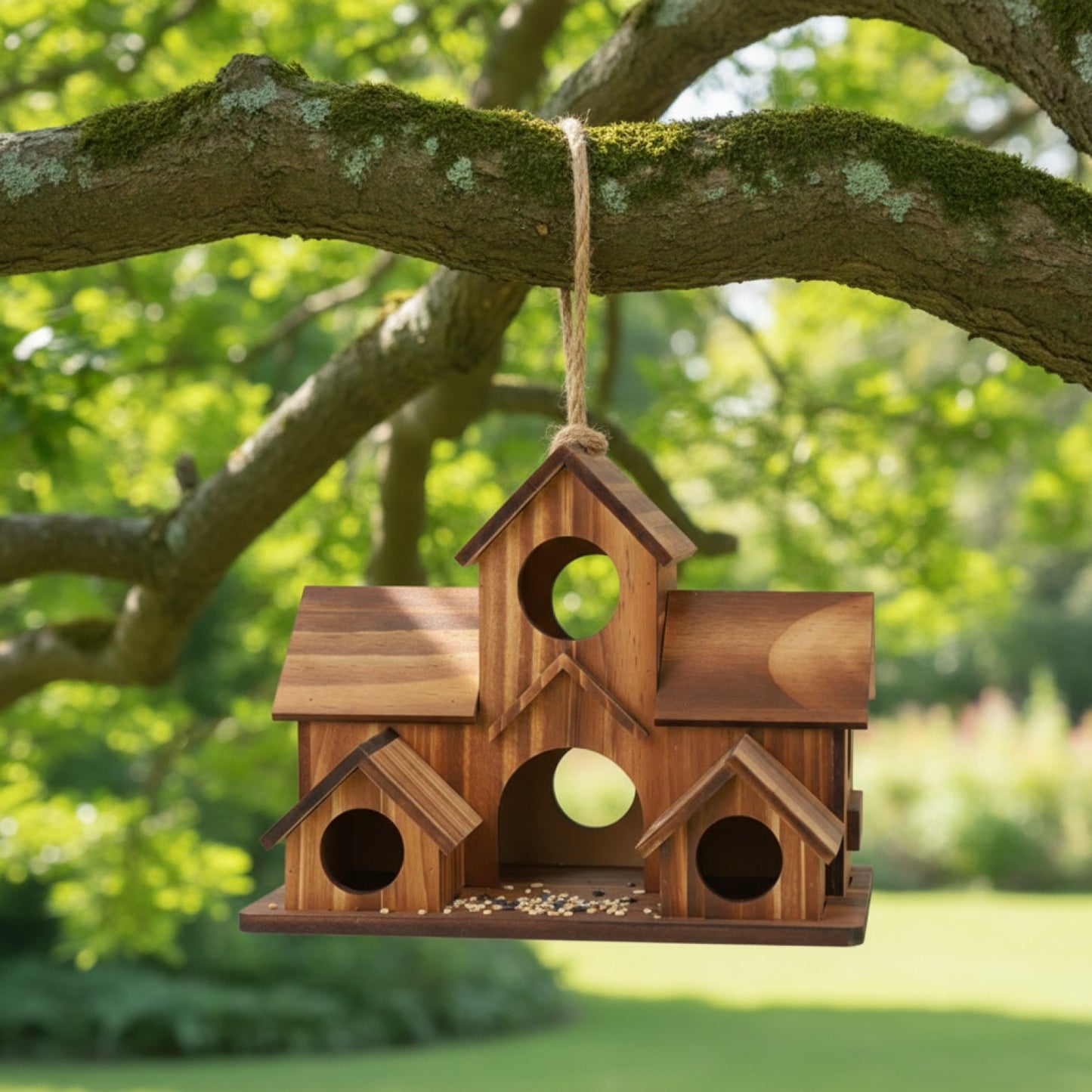Maison d'oiseaux rustique en bois naturel - Mangeoire suspendue et nid d'extérieur fait main
