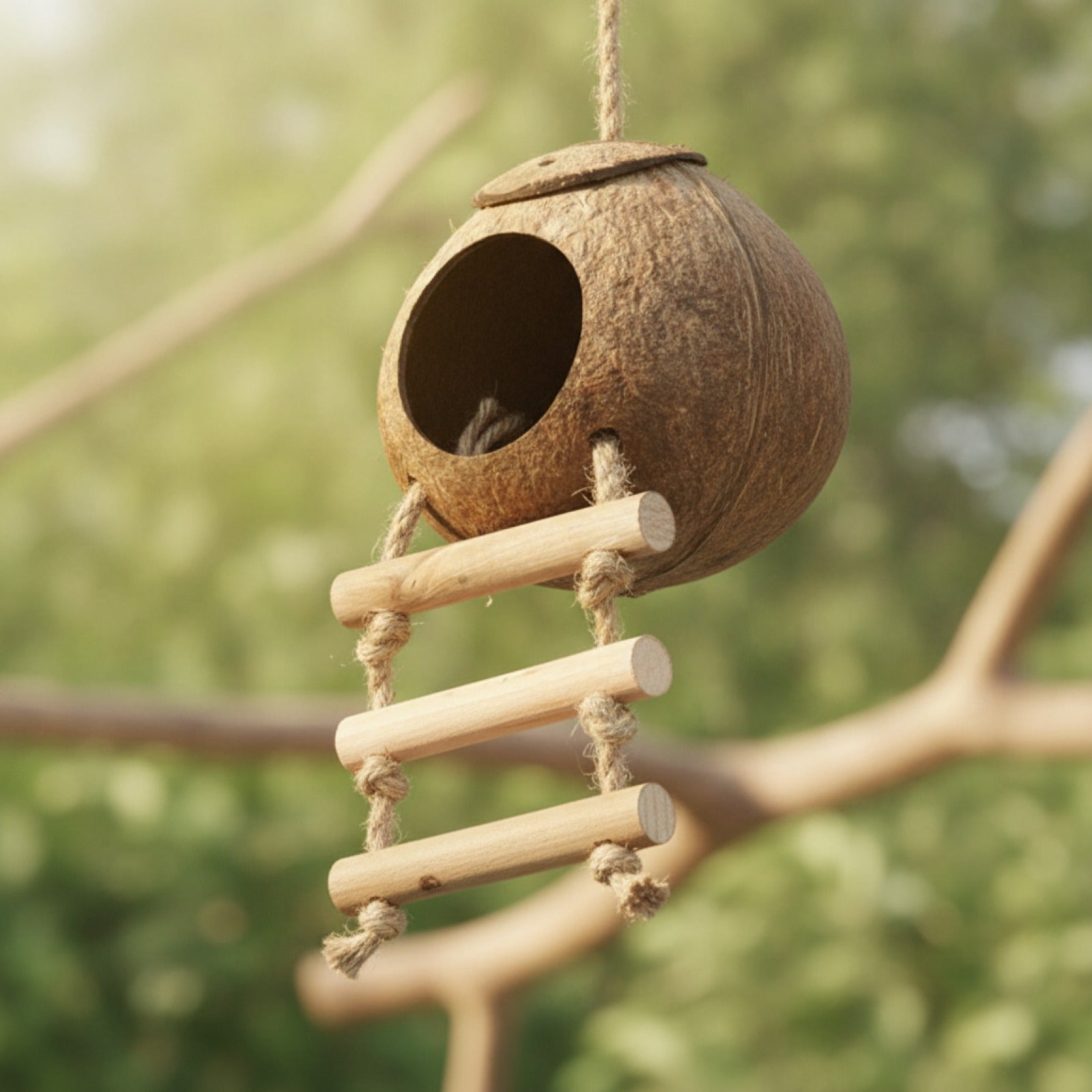 Cabane Nid d'Oiseau en Noix de Coco Naturelle avec Échelle Suspendue - Cachette Idéale pour Perroquets et Pigeons