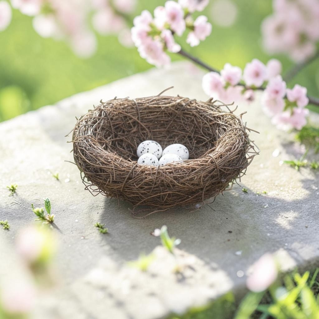 Nid rond en brindilles avec trois petits œufs mouchetés, posé sur une pierre sous des branches de cerisier en fleurs roses