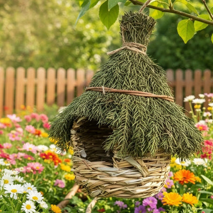 Nid d'Oiseau Suspendu en Herbe Naturelle - Décoration de Jardin pour Colibris