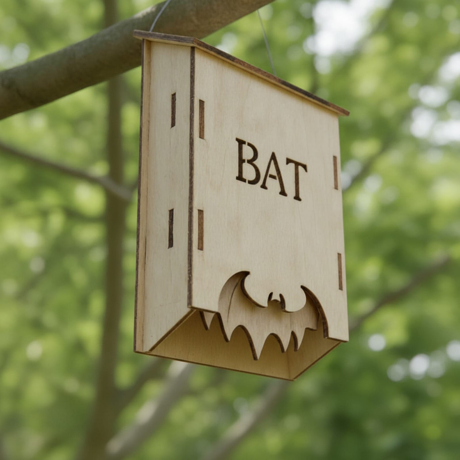 Abri à chauves-souris en bois naturel et robuste pour le jardin, vue de côté