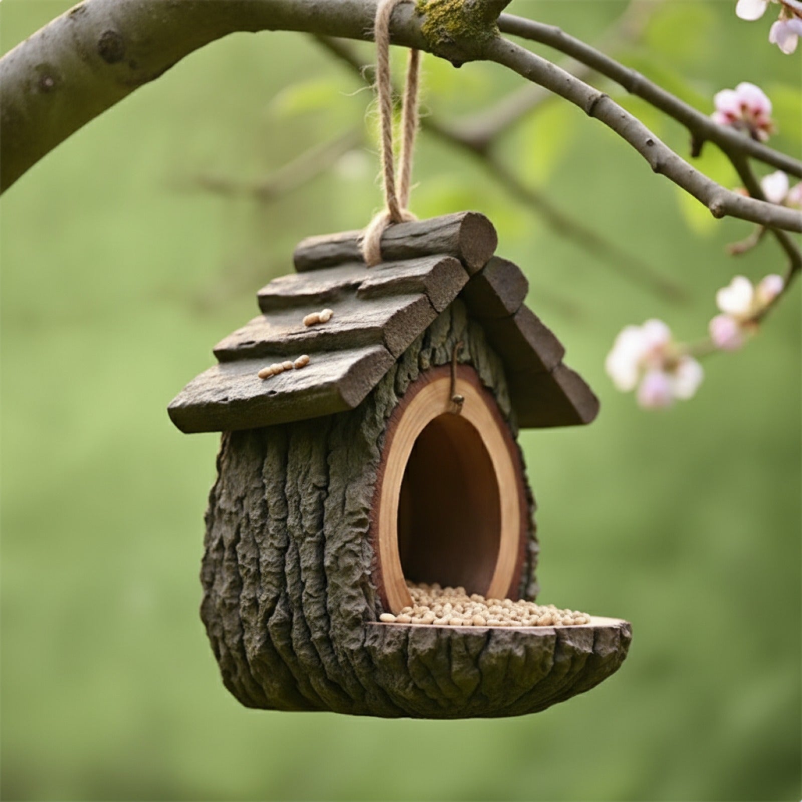 Mangeoire à Oiseaux Design Souche d'Arbre - Décoration de Jardin Artisanale en Résine