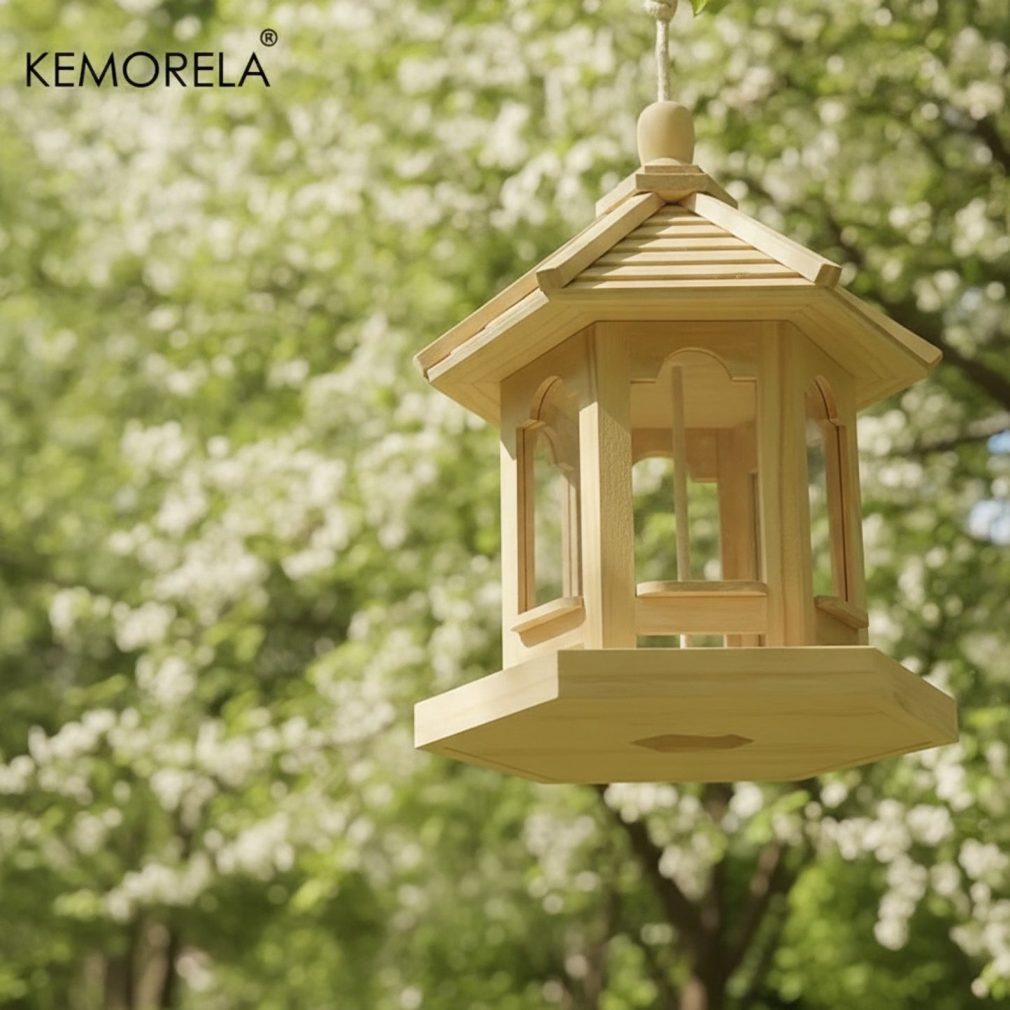 Mangeoire Oiseaux en Bois KEMORELA - Maison Suspendue Décorative pour Extérieur