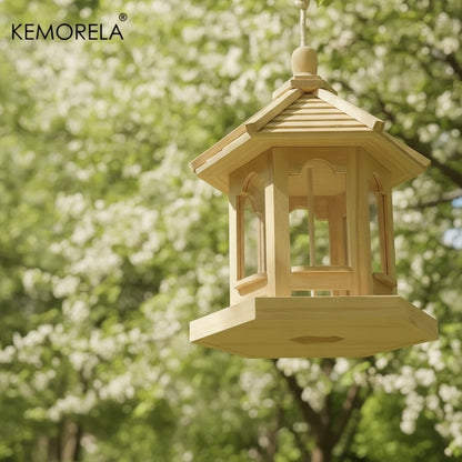 Mangeoire Oiseaux en Bois KEMORELA - Maison Suspendue Décorative pour Extérieur