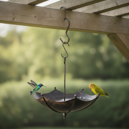 Mangeoire et Abreuvoir Suspendus en Fer pour Oiseaux - Design Parapluie - Noir