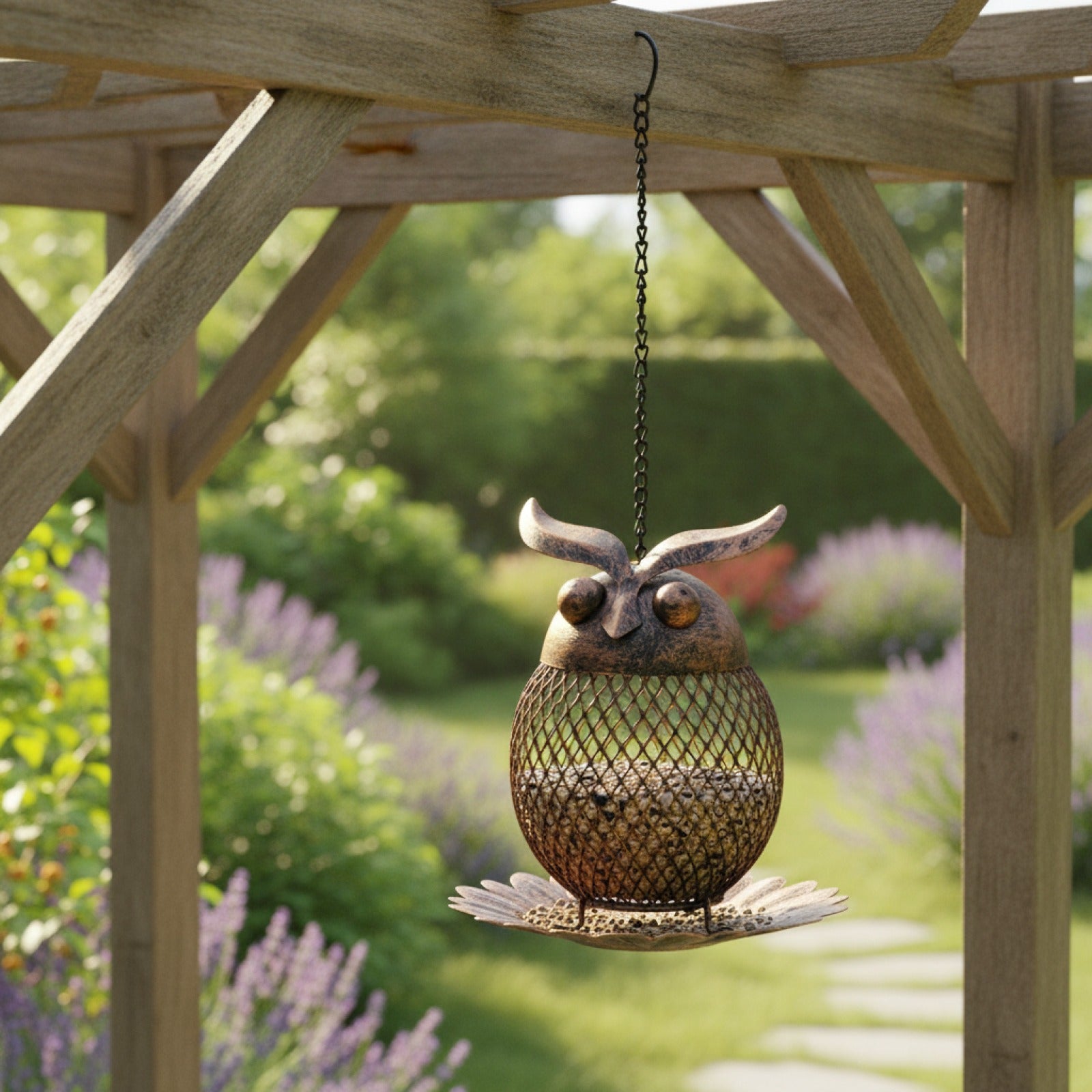 Mangeoire Hibou Suspendue en Maille Métallique pour Oiseaux - Décoration de Jardin Extérieur