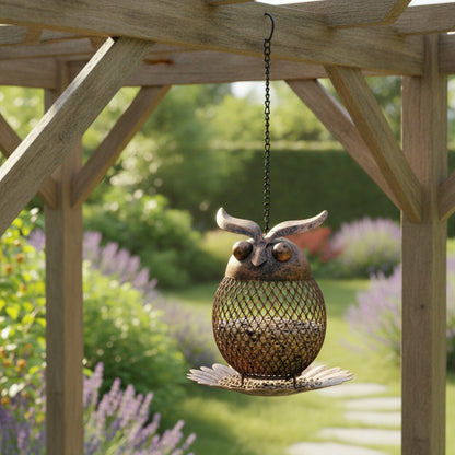 Mangeoire Hibou Suspendue en Maille Métallique pour Oiseaux - Décoration de Jardin Extérieur