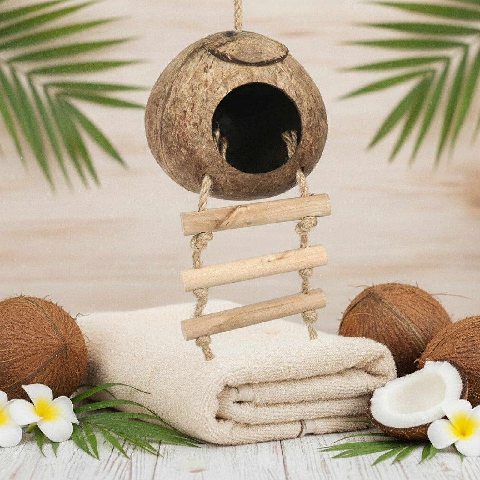 Cabane Nid d'Oiseau en Noix de Coco Naturelle avec Échelle Suspendue - Cachette Idéale pour Perroquets et Pigeons