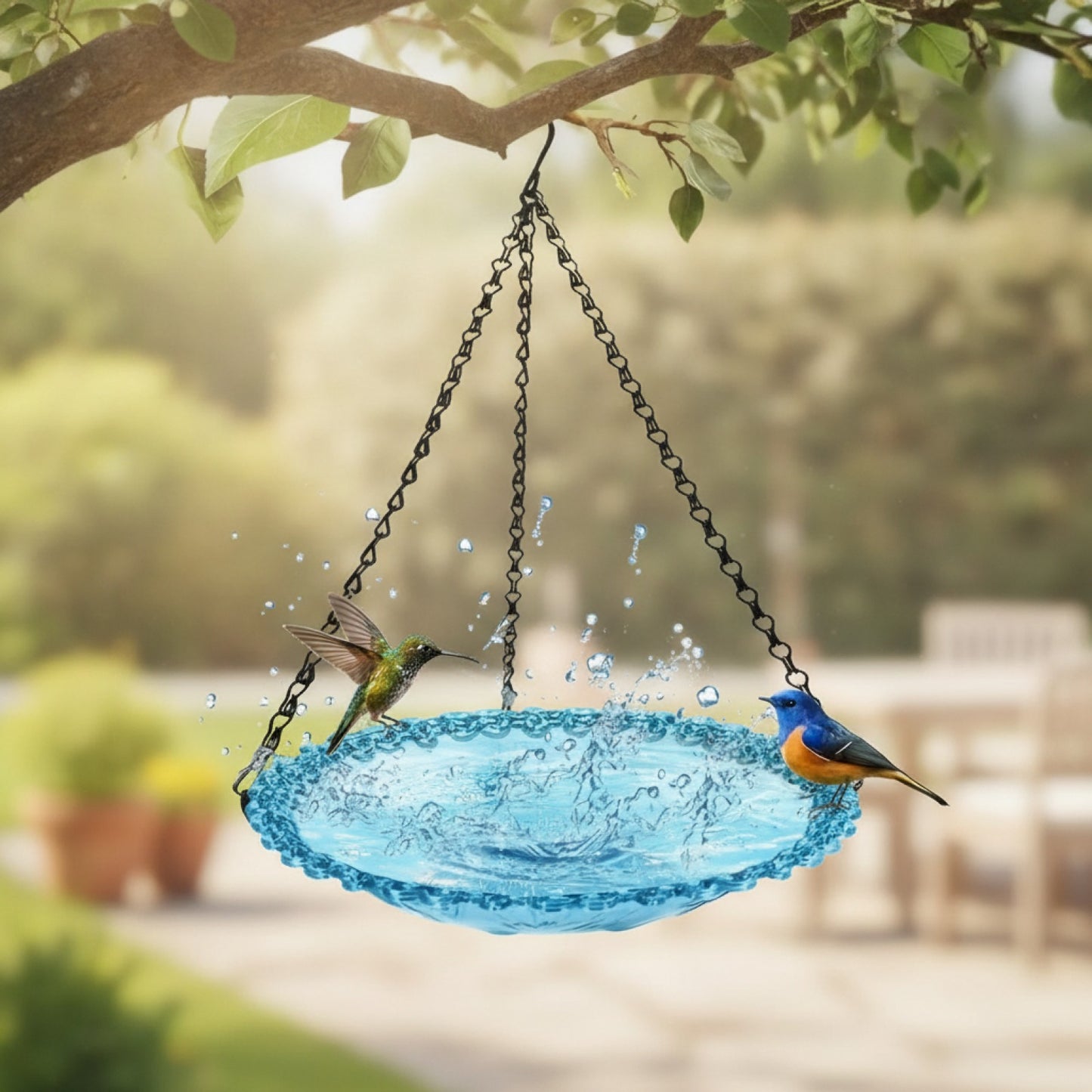 Mangeoire et Bain d'Oiseaux Suspendu avec Chaîne - Décor Floral pour Jardin & Patio